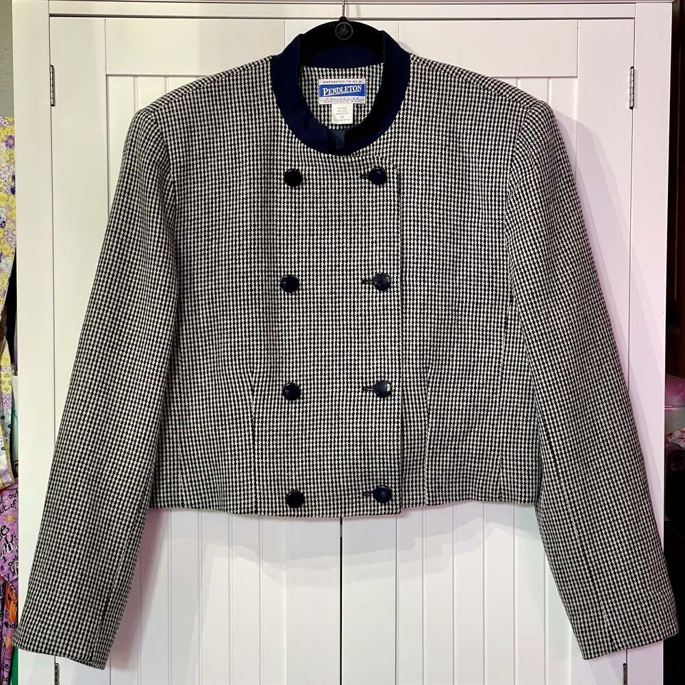 Pendleton Collection VTG Black & White Houndstooth Virgin Wool Cropped Blazer